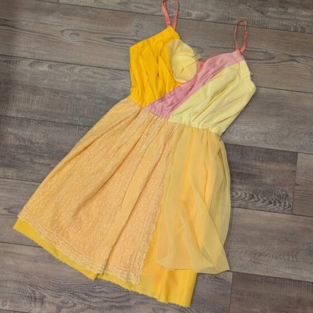Armour Sans Anguish Fairycore Romantic Boho Chiffon Lace Cami Dress Yellow S/M